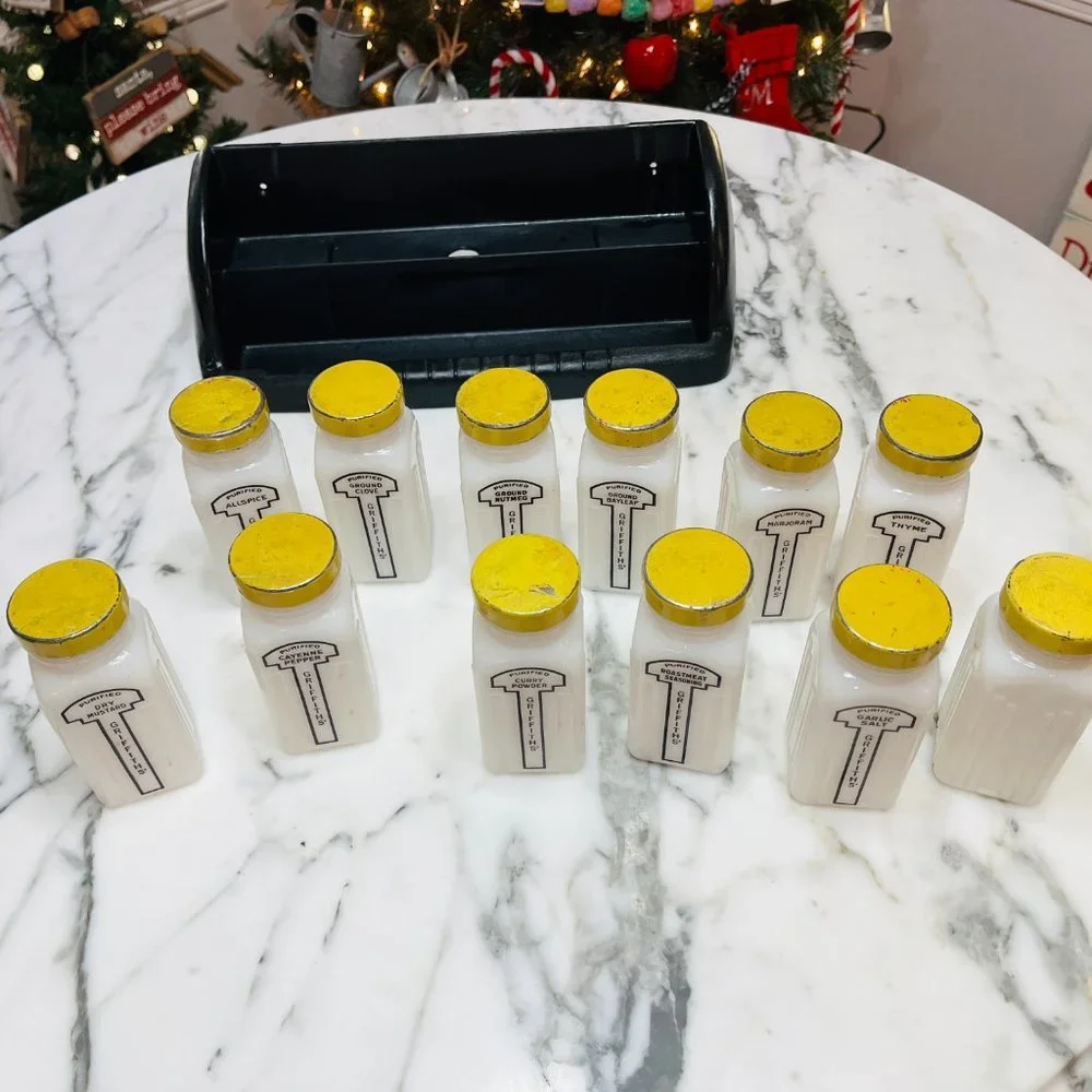 Retro milk glass Griffiths spice jar set of 12